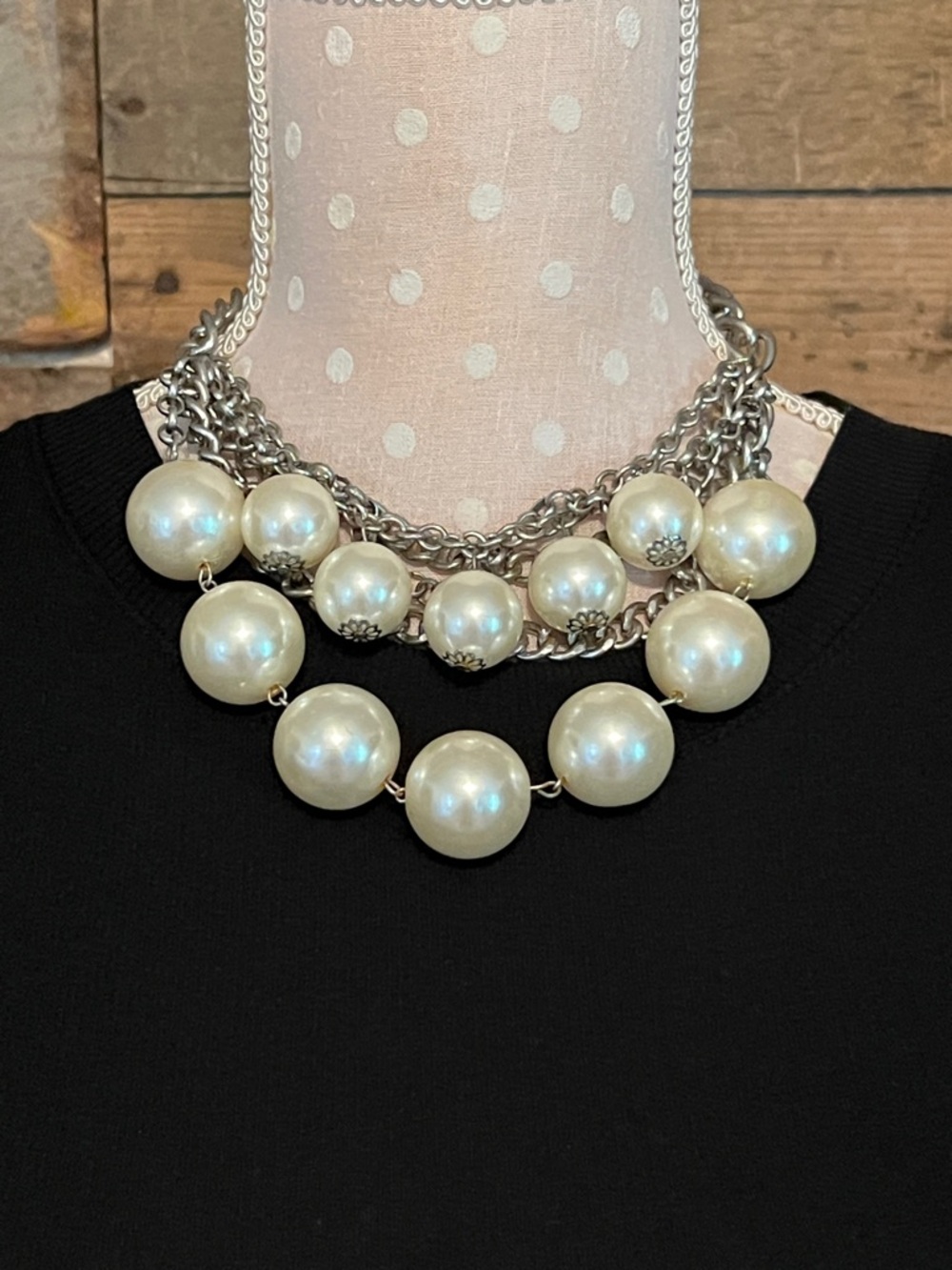 Classic Pearl Statement Necklace - Ivory Faux Pearls with Silver Chain